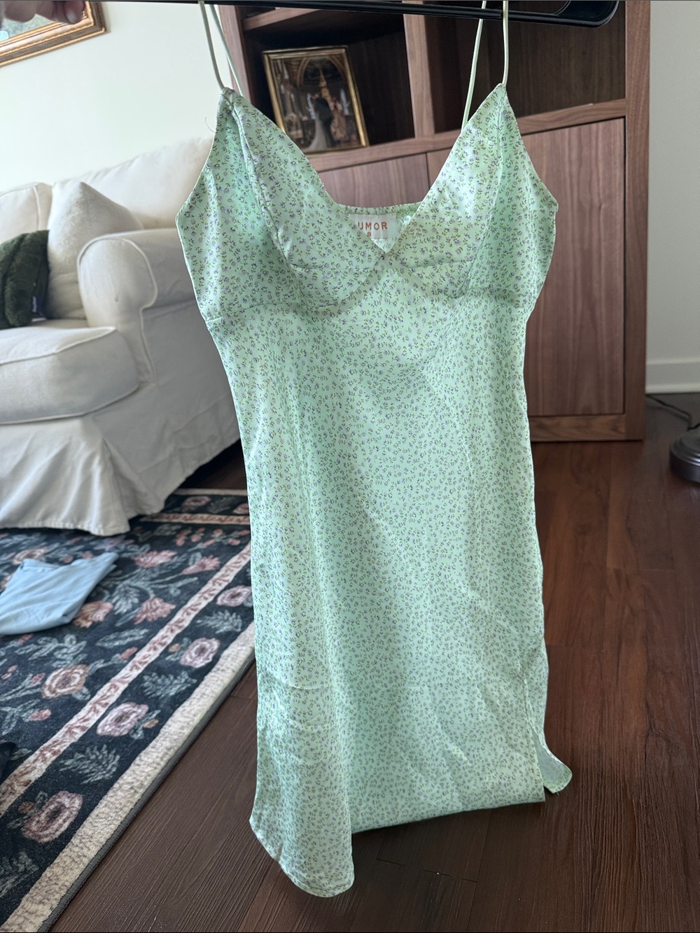 Light Green Floral Satin Slip Dress